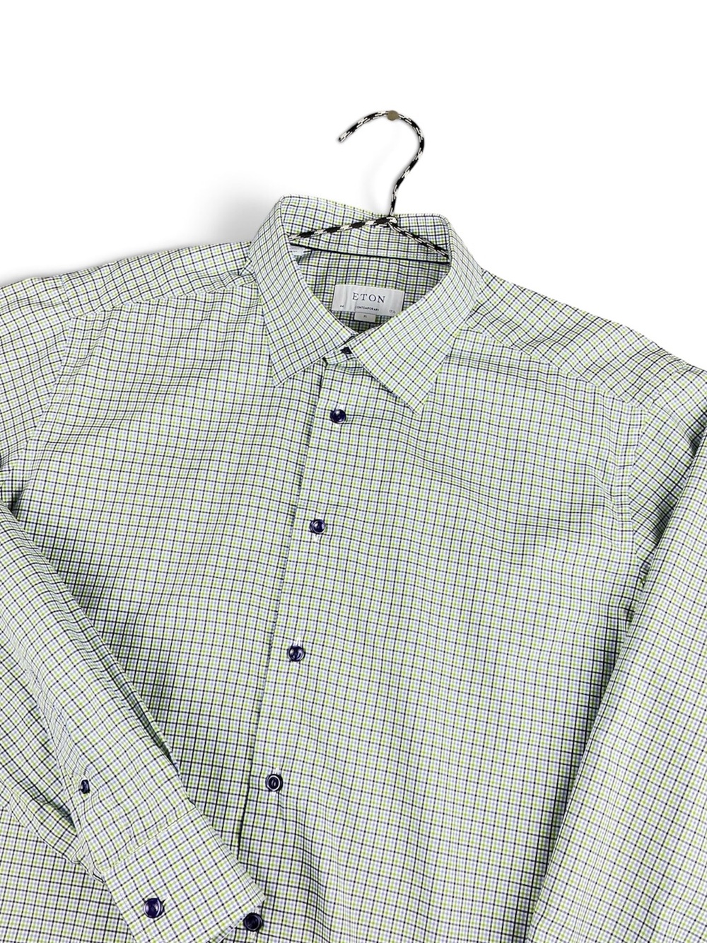 Eton Shirt Mens XL Green/Blue Plaid Check Contemporary Fit Dress Button Up